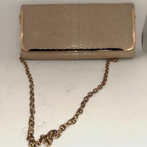 Aldo Ivory Faux Snakeskin  Clutch with Gold Trim and Chain
